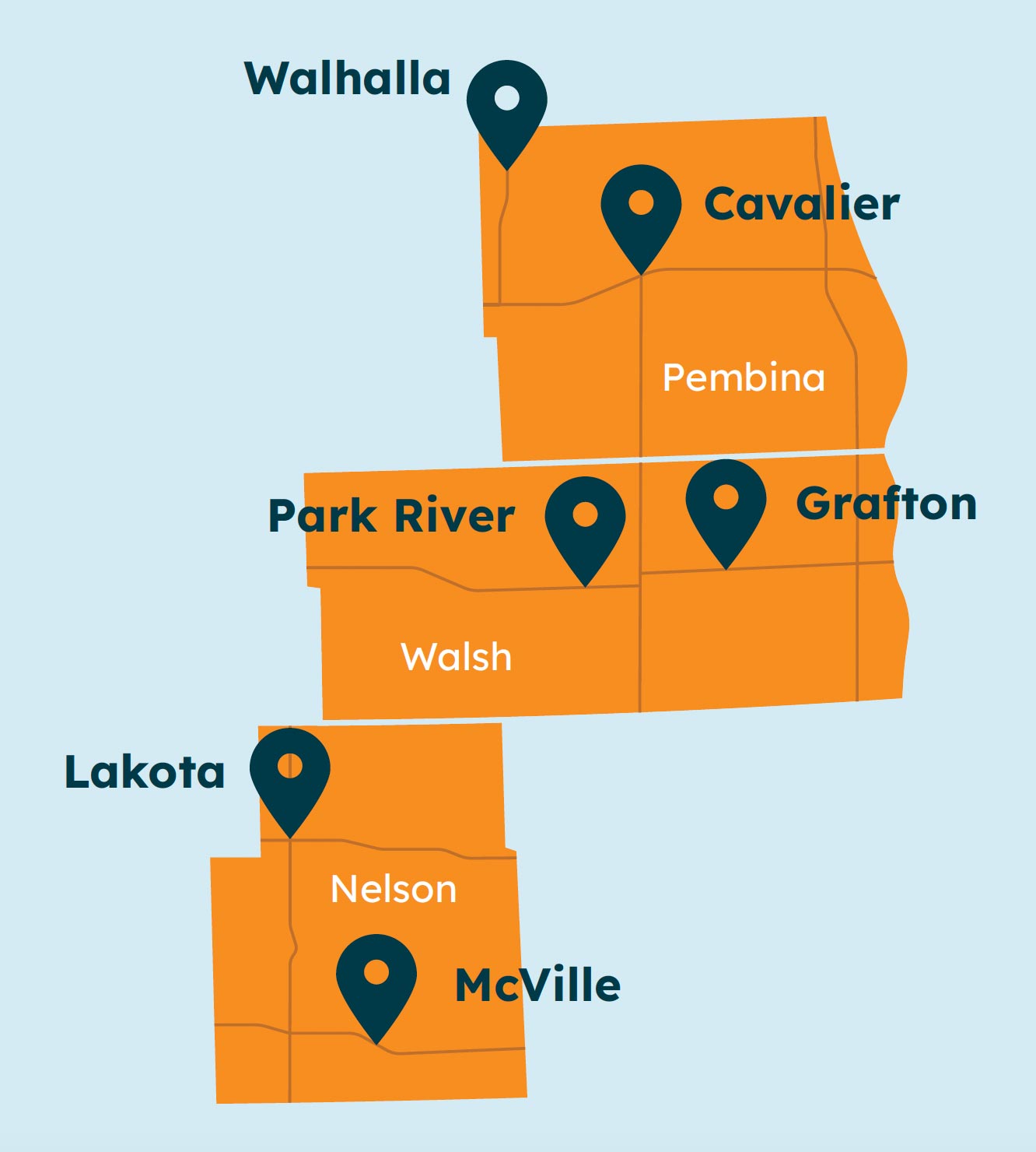 Highlighted communities NE North Dakota - map with pins graphic