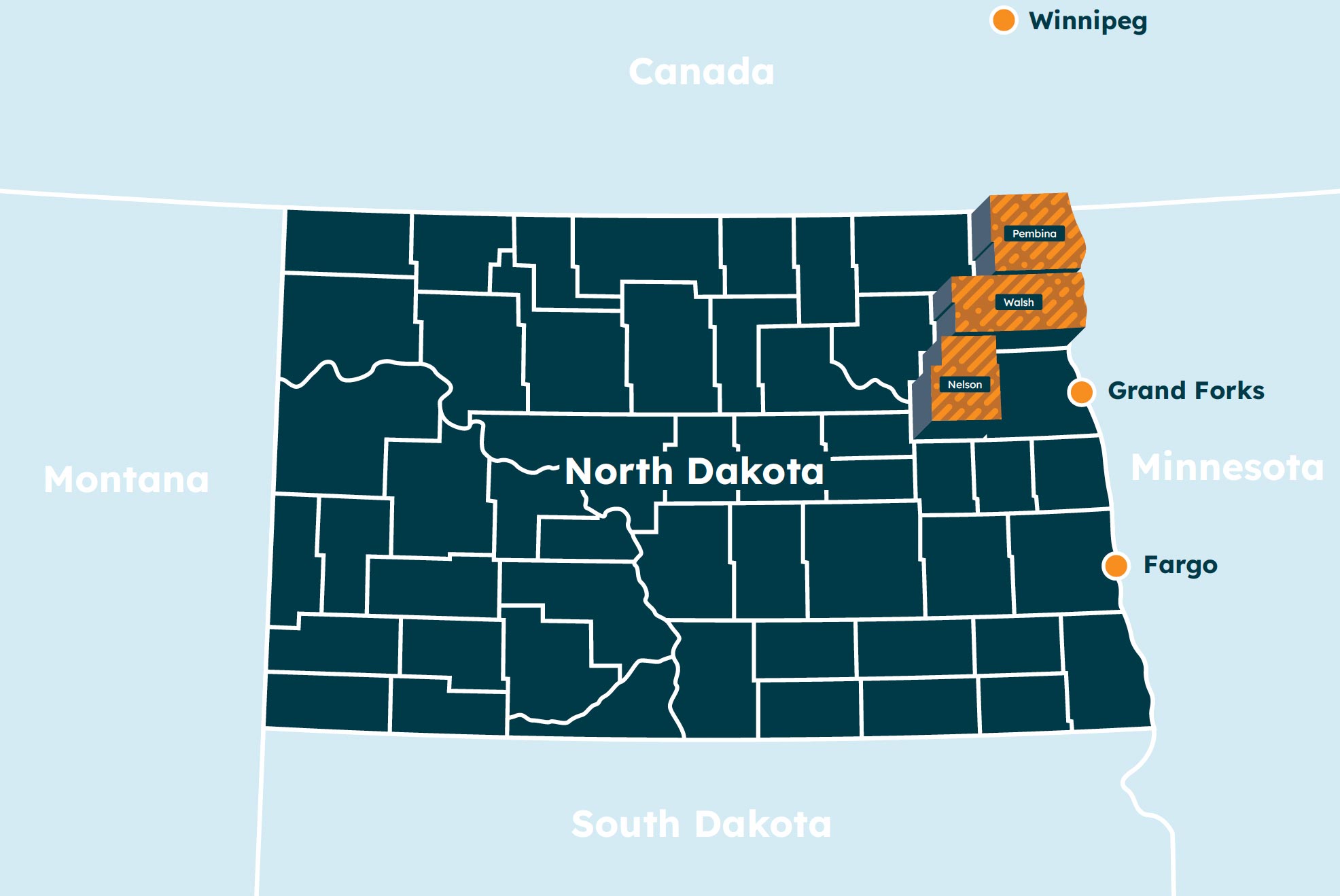 NE North Dakota is close to Winnipeg, Fargo and Grand Forks